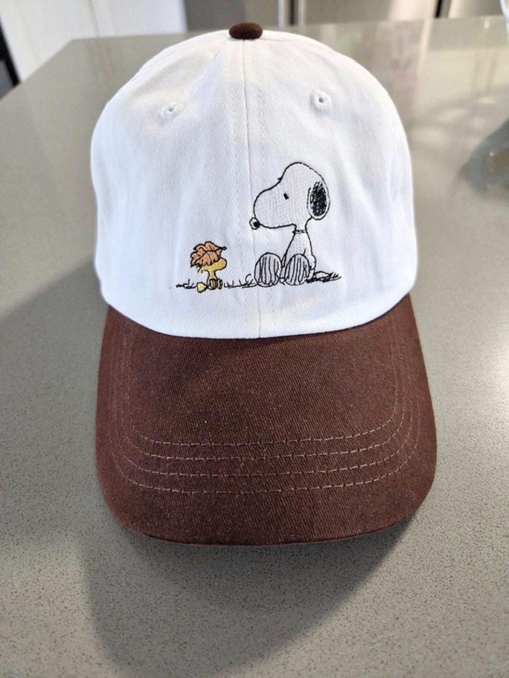 Peanuts Snoopy Woodstock Embroidered Baseball Hat White & Brown